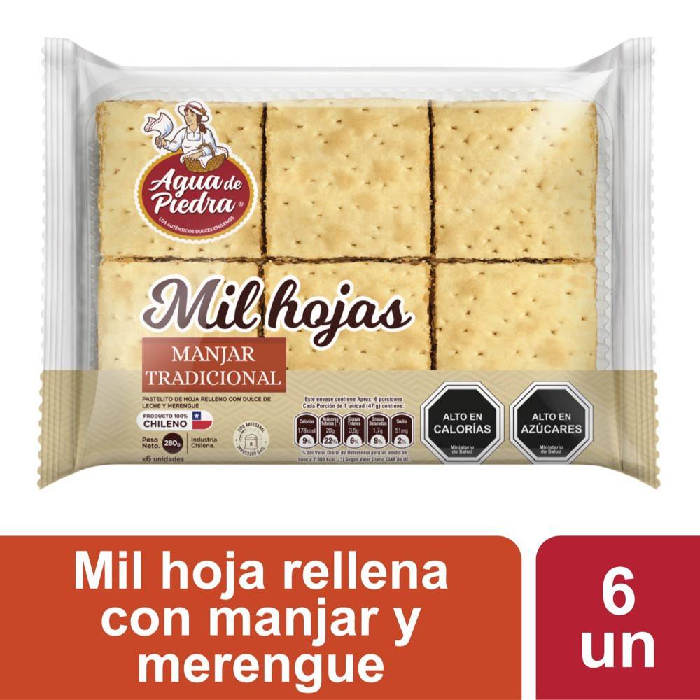 Agua de Piedra · Pastelitos mil hojas rellenos con manjar tradicional y merengue (6 un)