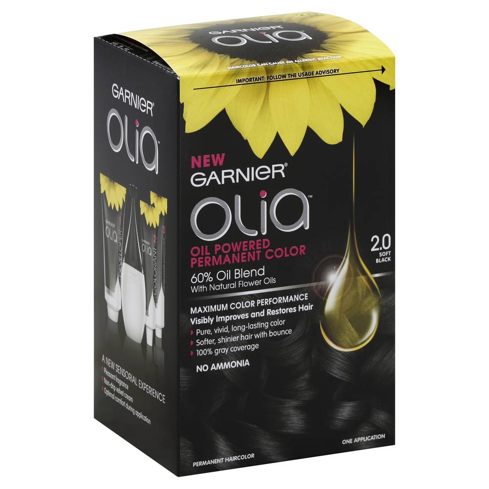 Garnier Olia Oil Powered Permanent Hair Color, 2.0 Soft Black (7.76 oz)