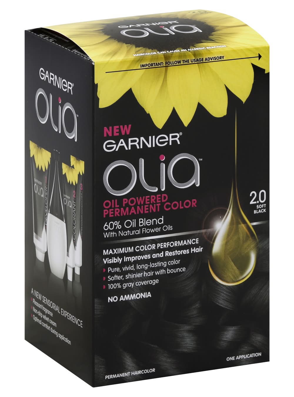 Garnier Olia Oil Powered Permanent Hair Color, 2.0 Soft Black (7.76 oz)
