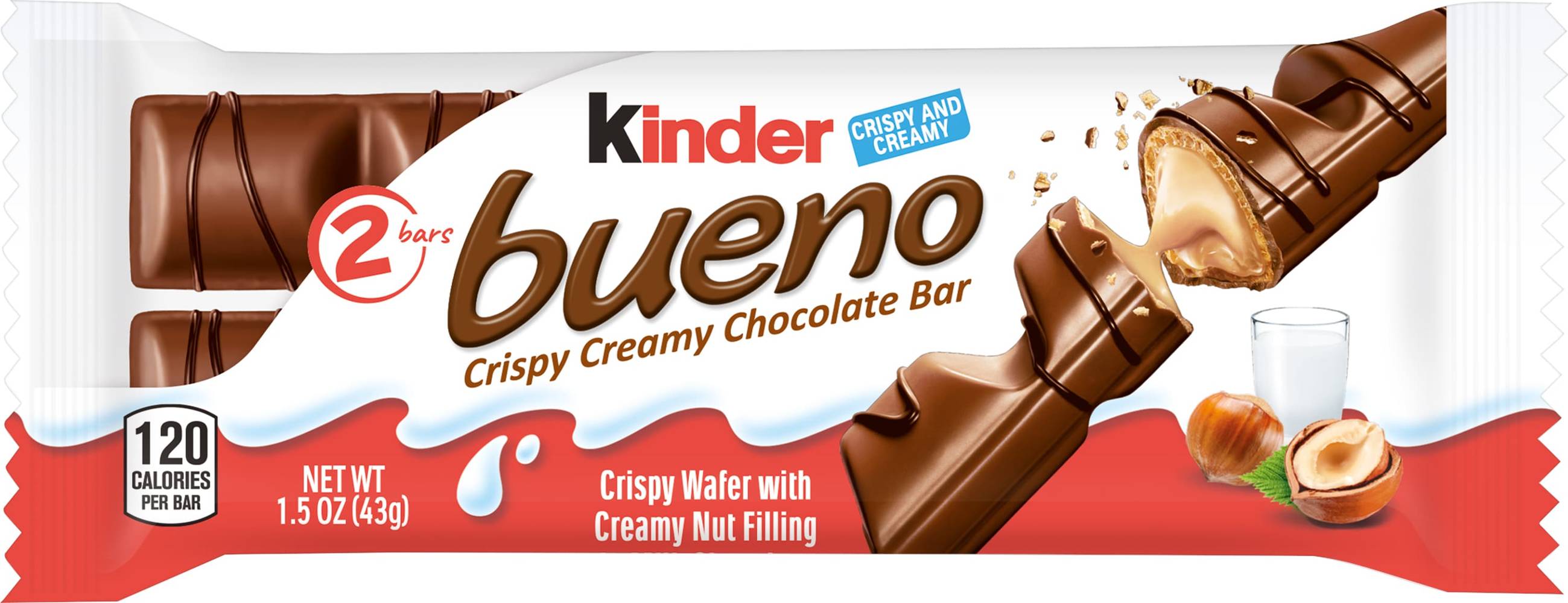 Kinder Bueno  2pc Candy Bar - Milk Chocolate, Hazelnut, Dark Chocolate - Unique Taste Experience - Crispy Wafer - Creamy Filling - Delicate Drizzle | FEU55201