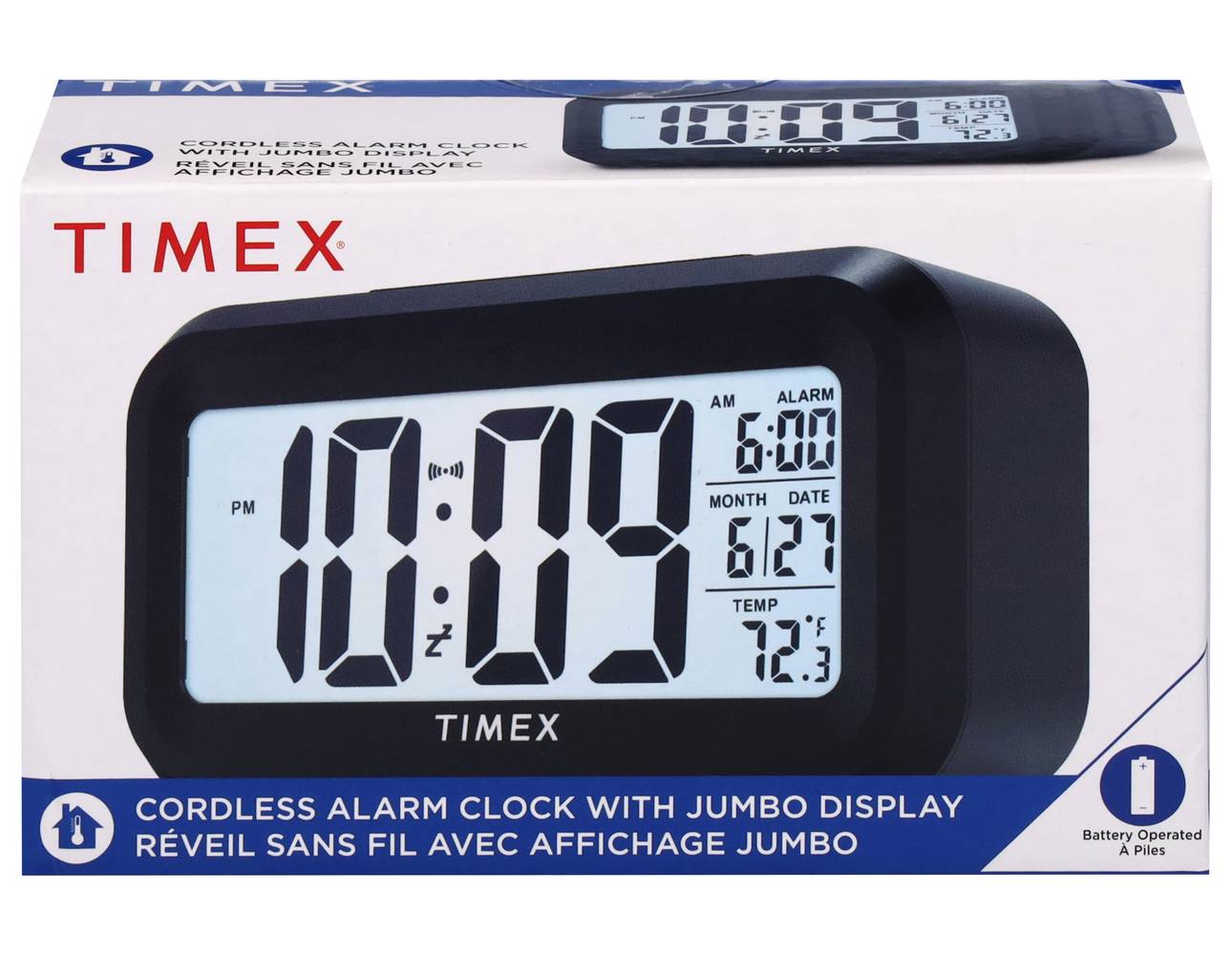 Timex Cordless Alarm Clock With Jumbo Display, Black