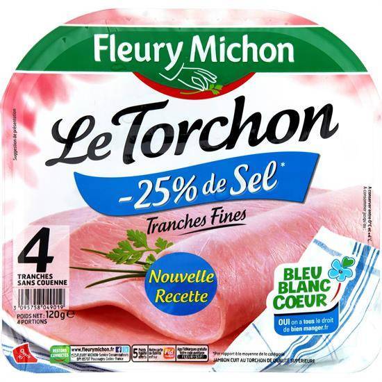 Fleury Michon - Jambon le torchon cuit à l'étouffée réduit en sel (4 pièces)