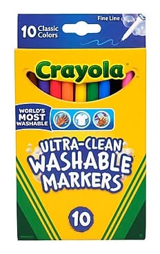 Crayola Ultra-Clean Washable Markers, Fine Line, Assorted Colors,  10/Box (58-7852)