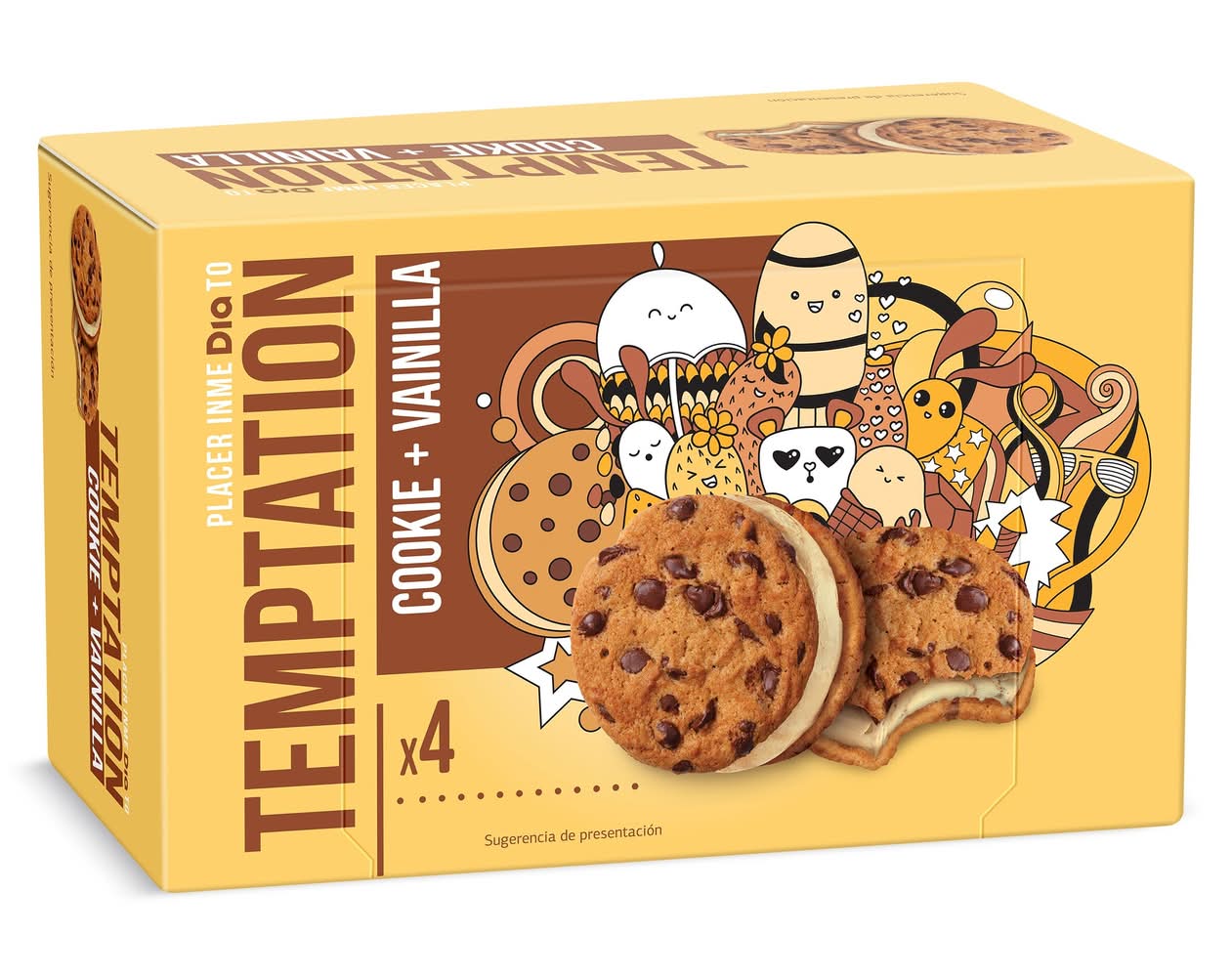 Helado Sandwich Cookie Y Vainilla 4 Unidades Temptation De Dia Caja 220 G