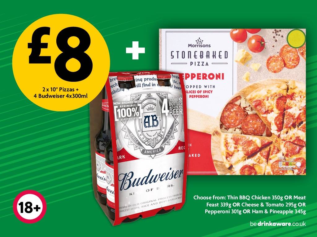 £8 2x Pizzas & Budweiser 4pk