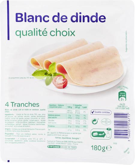 Blanc de dinde qualité choix CARREFOUR - la barquette de 4 tranches - 180 g
