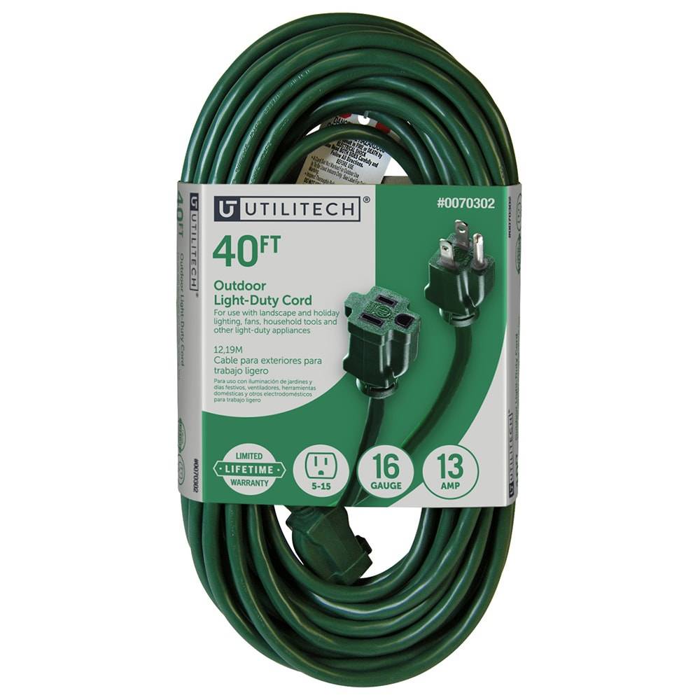 Utilitech Outdoor Extension Cord 40-ft 16/3 3 Prong Green Outdoor SJTW Light Duty General Extension Cord | UT880628