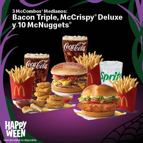 3 McCombos Medianos: McNuggets 10pc, Bacon Triple y McCrispy Deluxe