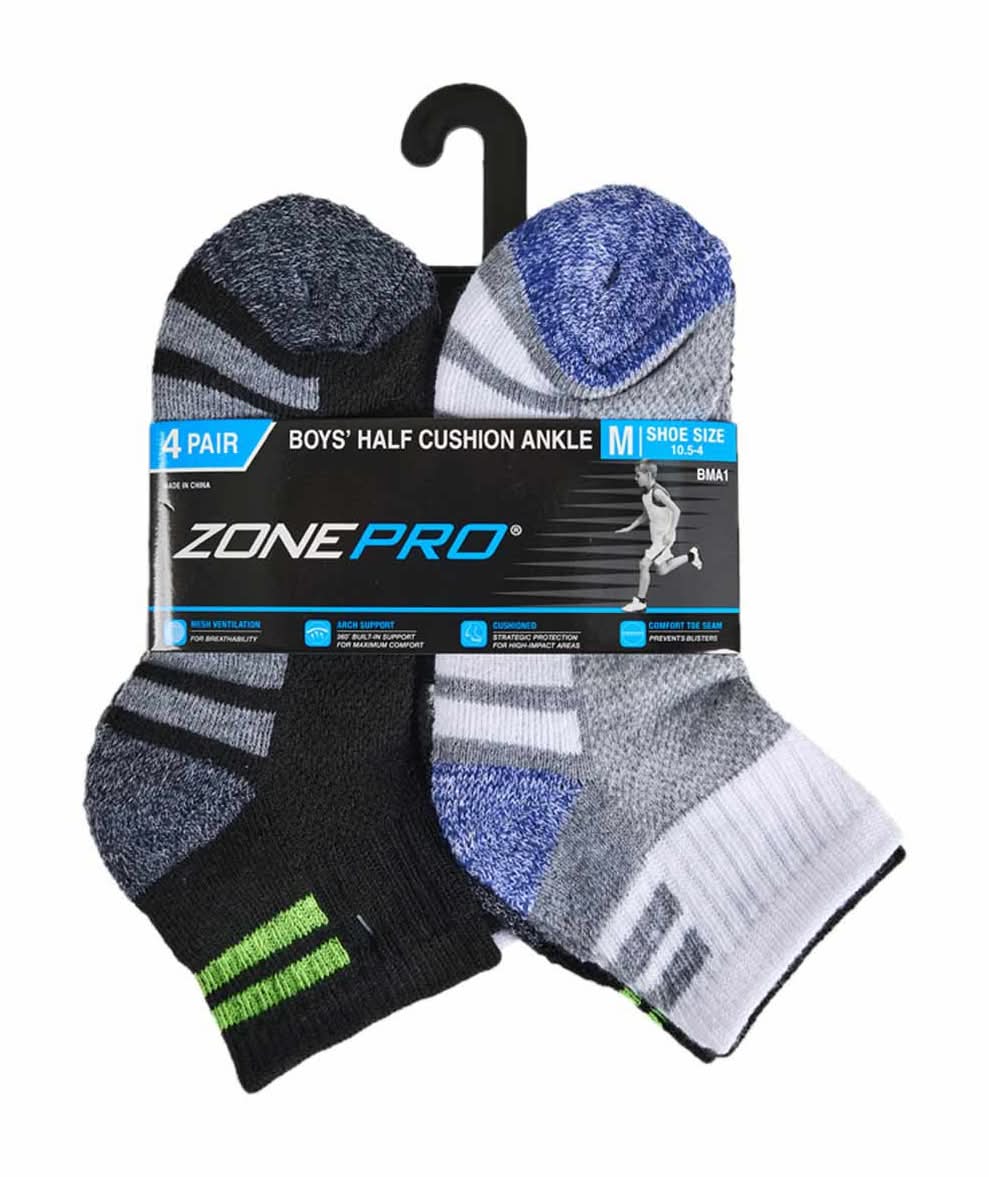 Zone Pro Boy'S Half Cushion Assorted Ankle Socks Medium 4 Pk