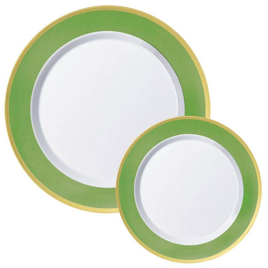Round Premium Plastic Dinner (10.25in) Dessert (7.5in) Plates with Kiwi Green Gold Border, 20ct