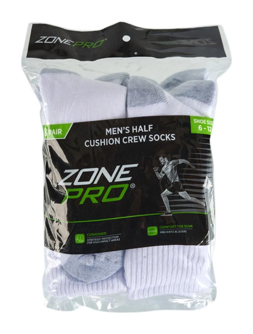 Mens P8 Crew Wht Ght Zone Pro Mens Socks Crew Wht/Gry Sz 6/12-8ct