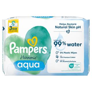 Pampers Harmonie Aqua Baby Wipes Plastic Free 3 Packs = 144 Baby Wet Wipes