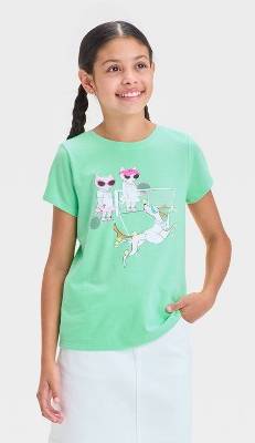 Girls' Short Sleeve Tennis Animals Graphic T-Shirt - Cat & Jack™ Lime Green L: Relaxed Fit, Crew Neck
