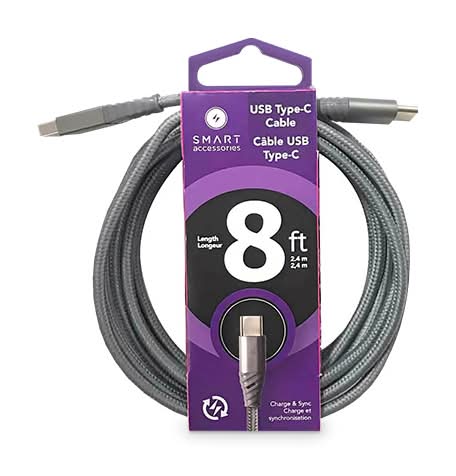 Smart Accessories Usb Type-C Charge & Sync Cable, 8 ft, Gray
