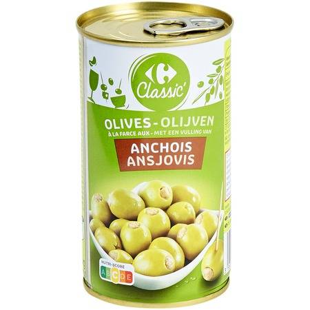 Olives farce aux anchois CARREFOUR CLASSIC' - la boite de 150g net égoutté