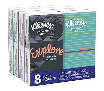 Kleenex On the Go Ultra Facial Tissue, 3-ply, 10 Tissues/Box, 8 Boxes/Pack (46551)