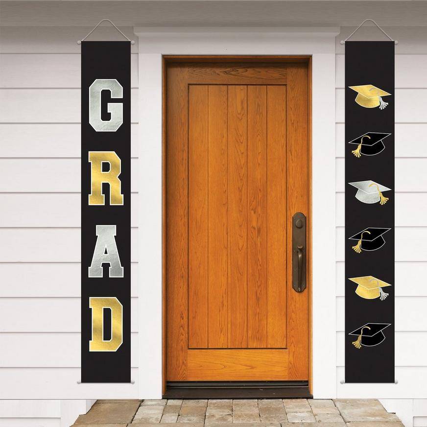 Black, Silver Gold Graduation Fabric Vertical Banners, 1.1ft x 6ft, 2ct