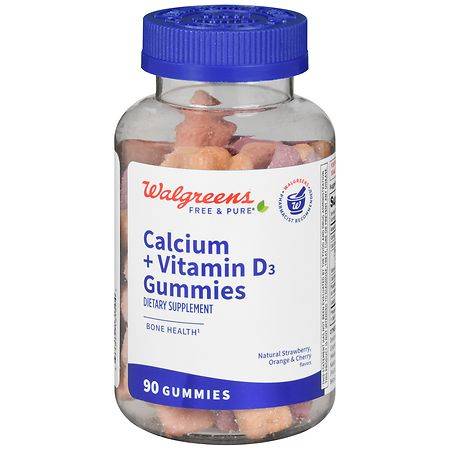 Walgreens Free & Pure Natural Strawberry, Orange & Cherry Calcium + Vitamin D3 Gummies