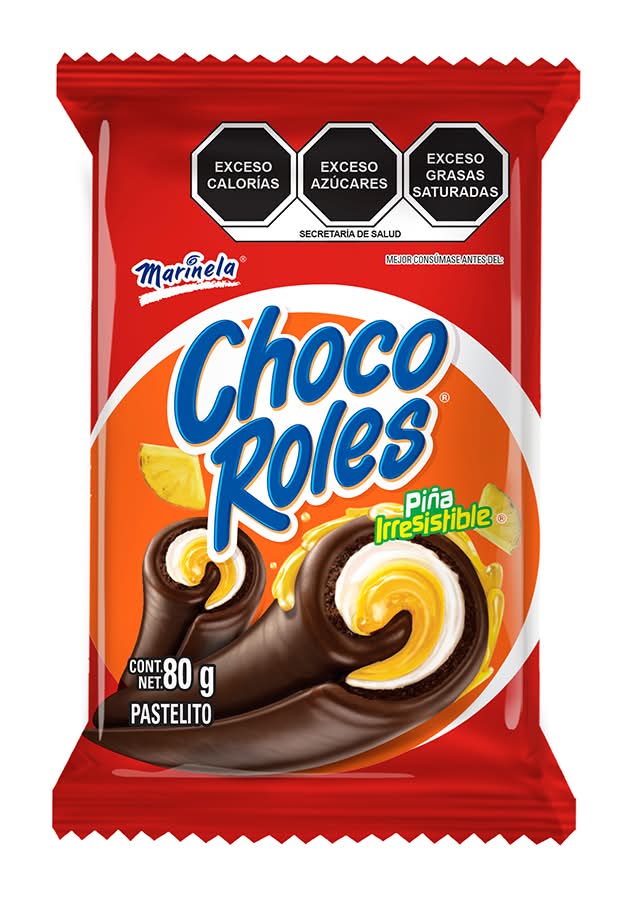 Marinela · Choco roles pastelito con relleno cremoso y cobertura de chocolate, piña irresistible (80 g)