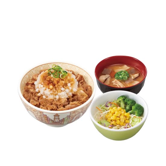鬼おろしポン酢牛丼とん汁サラダセット Gyudon(Beef Rice Bowl) w/ Grated Radish ＆Ponzu, Pork Miso Soup & Salad