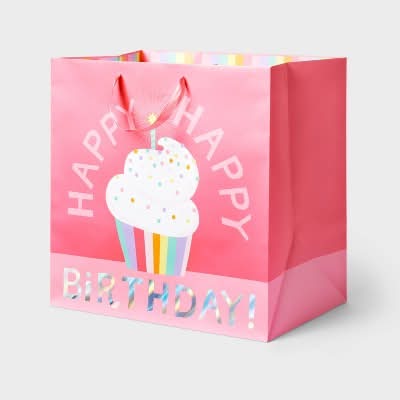 Spritz Happy Birthday Cupcake Square Gift Bag, 15x15x10 in, Pink