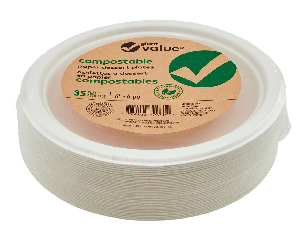 Giant Value Compostable Paper Dessert Plates, 6 in (35 ct)