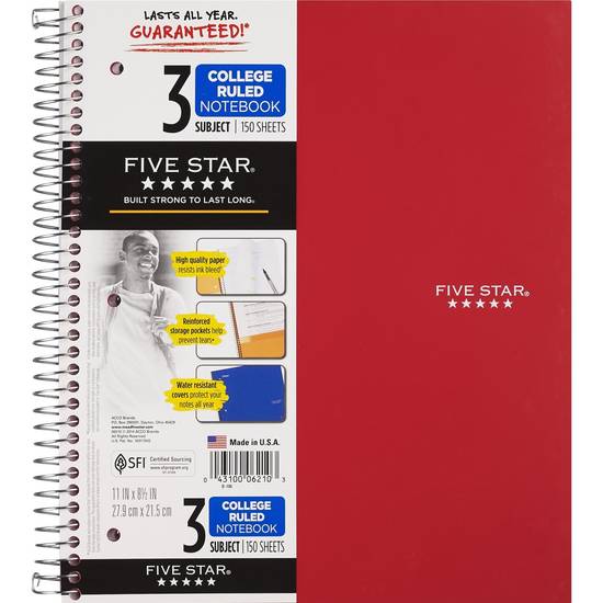 Mead Five Star 3 Subject Notebook, College Ruled, 150 sheets, Assorted Colors