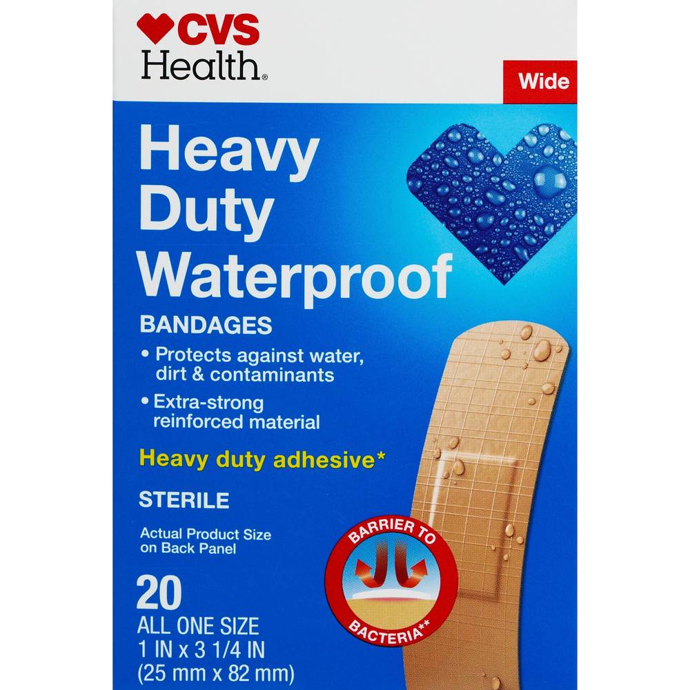 CVS Health Heavy Duty Waterproof Anti-Bacterial Bandages, One Size, 20 CT