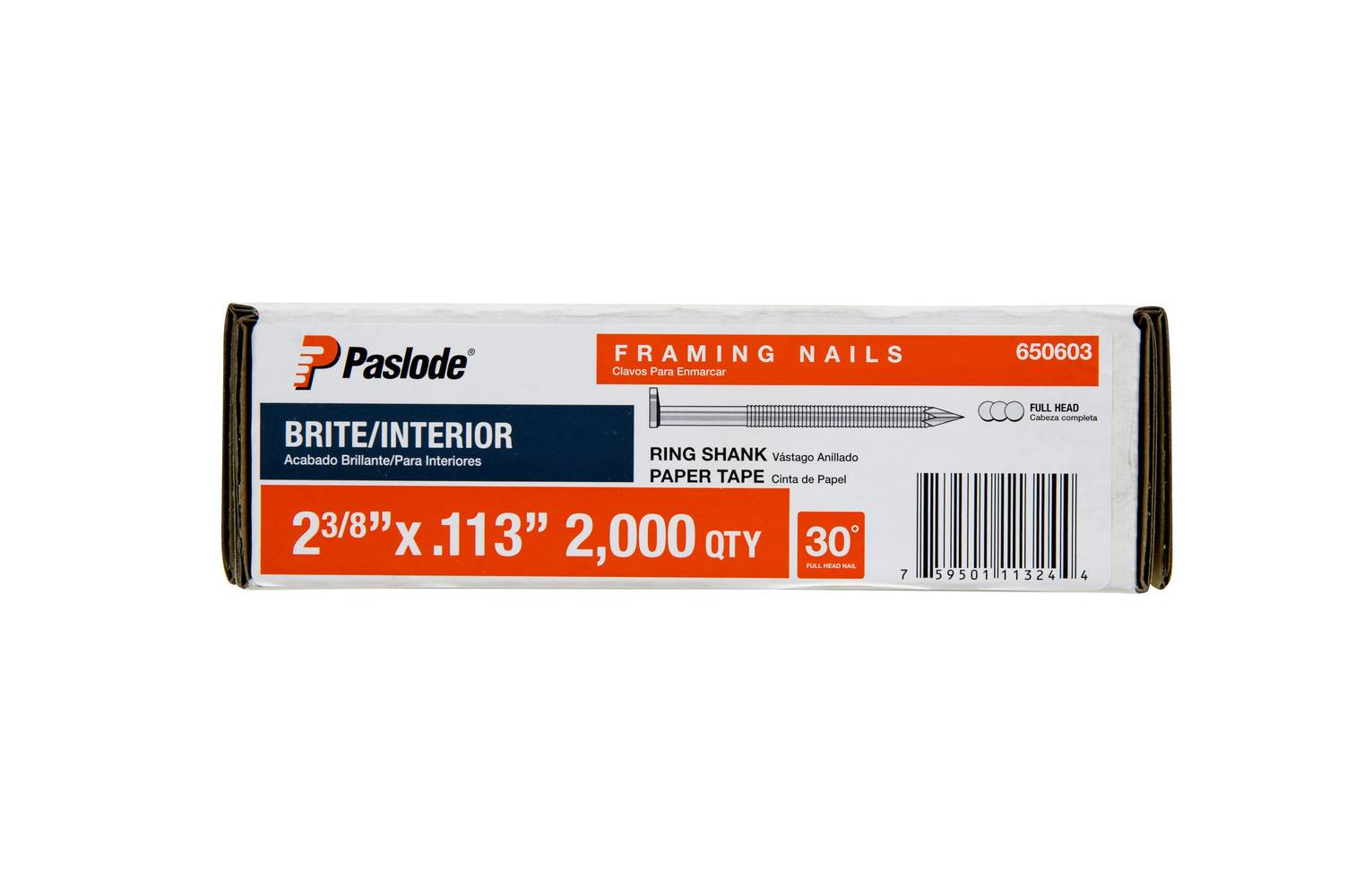 Paslode 2-3/8-in x 0.113-in 30-Degree Bright Ring Shank Collated Framing Nails (2000-Per Box) | 650603