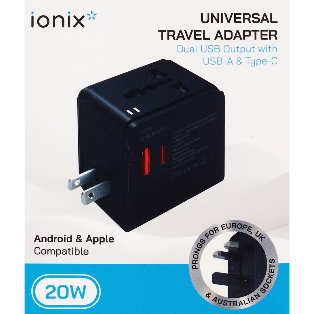 Ionix Universal Dual Usb Travel Adapter 20w, Black
