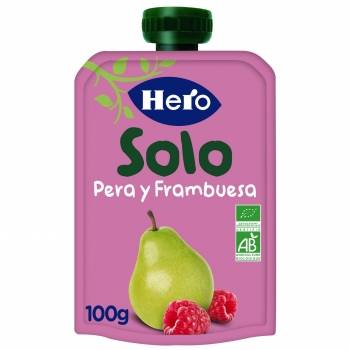 Bolsita de pera y frambuesa desde 4 meses ecológico Hero Solo sin gluten y sin azúcar añadido 100 g.