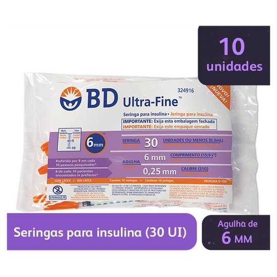 Bd seringa de insulina ultra-fine 6mm 30ui (10 unidades)