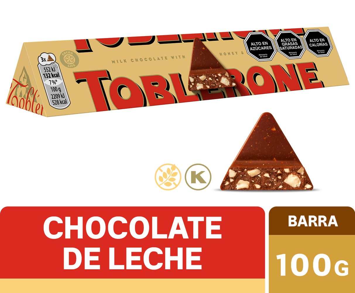 Toblerone · Barra de chocolate con leche y nougat con miel y almendras (100 g)