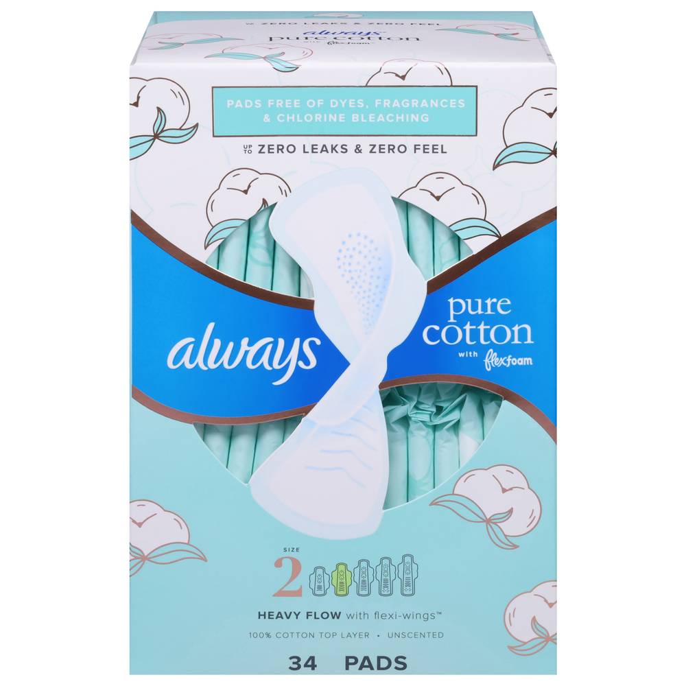 Always Heavy Flow Pure Cotton Unscented Pads, Size 2 (34 ct)