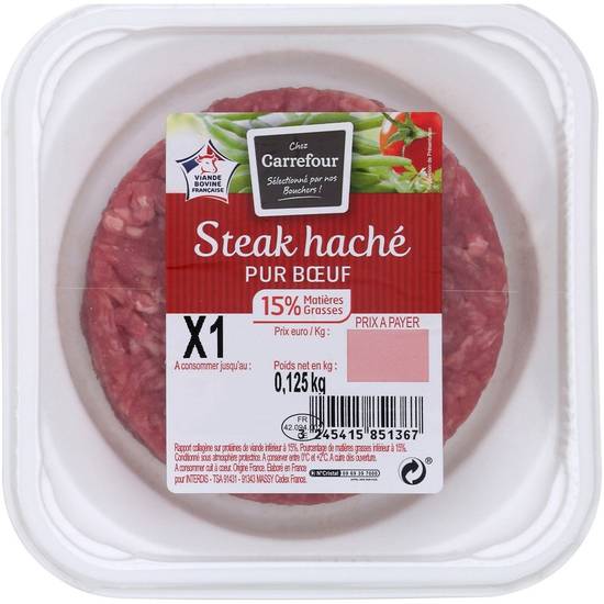 Steak haché pur bœuf 15% MG CARREFOUR - la barquette de 125g
