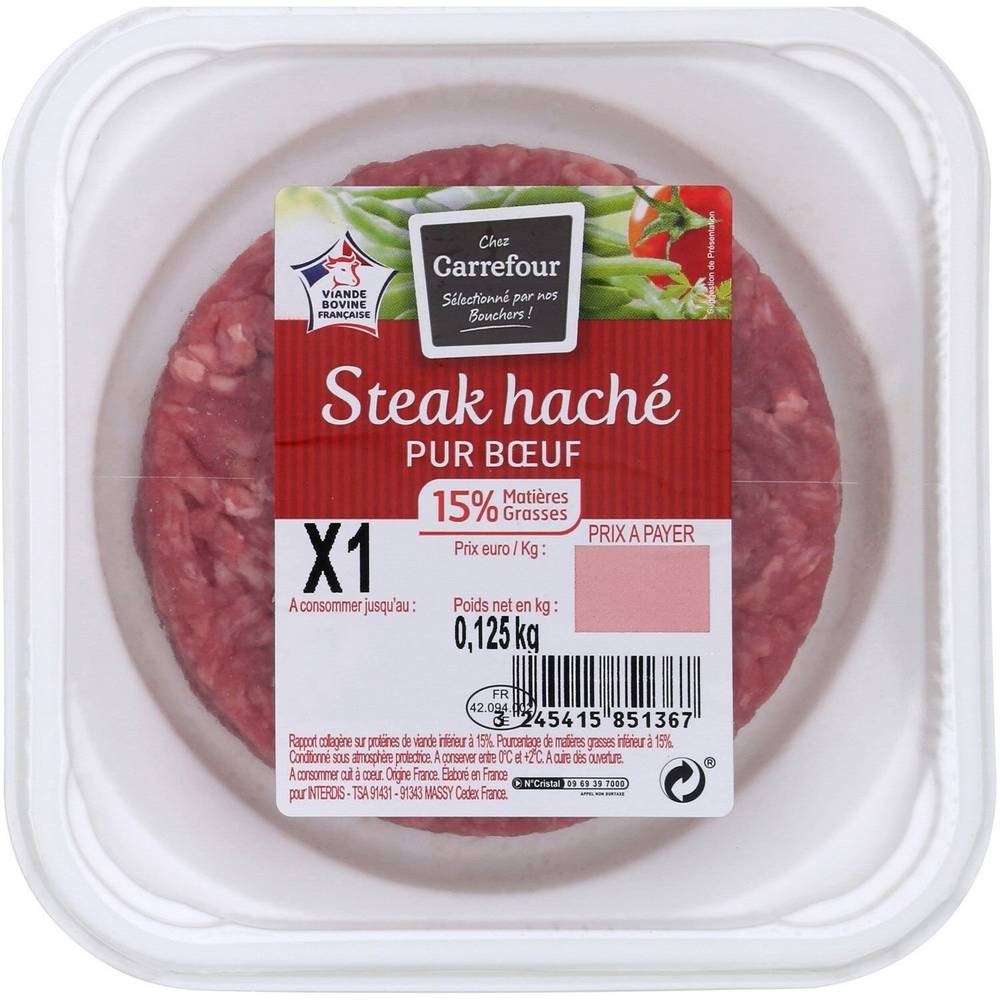 Carrefour - Steak haché pur bœuf 15% mg (125g)