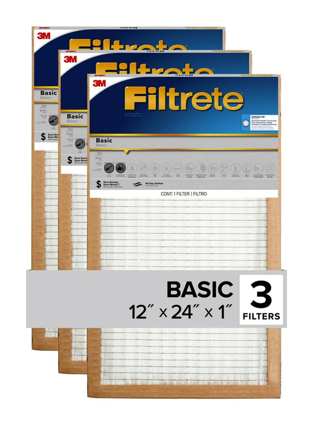 Filtrete 12-in W x 24-in L x 1-in MERV 5 Basic Pleated Air Filter (3-Pack) | FBL20-3PK-4