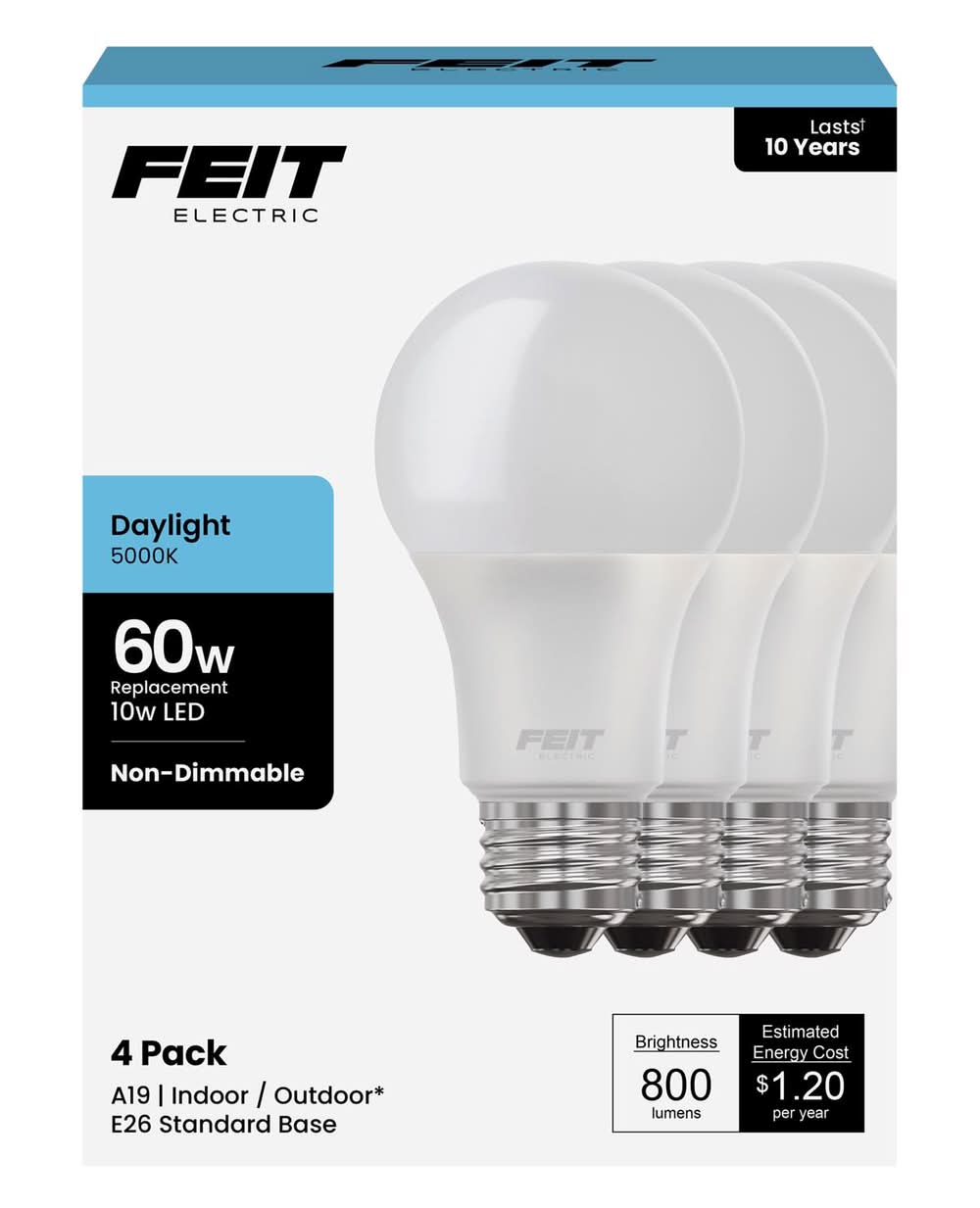 Feit A19 E26 (Medium) Led Bulb Daylight 60 Watt Equivalence 4 Pk