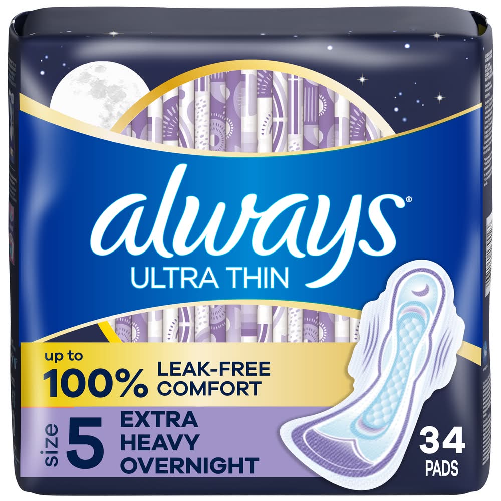 Always Ultra Thin Flexi-Wings Extra Heavy Overnight Pads, Women, 5 (34 ct)