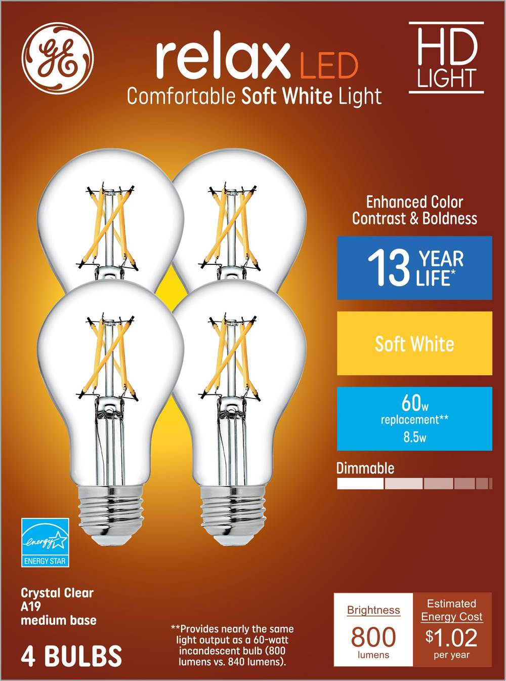 GE Relax 60-Watt EQ A19 Soft White Medium Base (e-26) Dimmable LED General Purpose Light Bulb (4-Pack) | 93121729