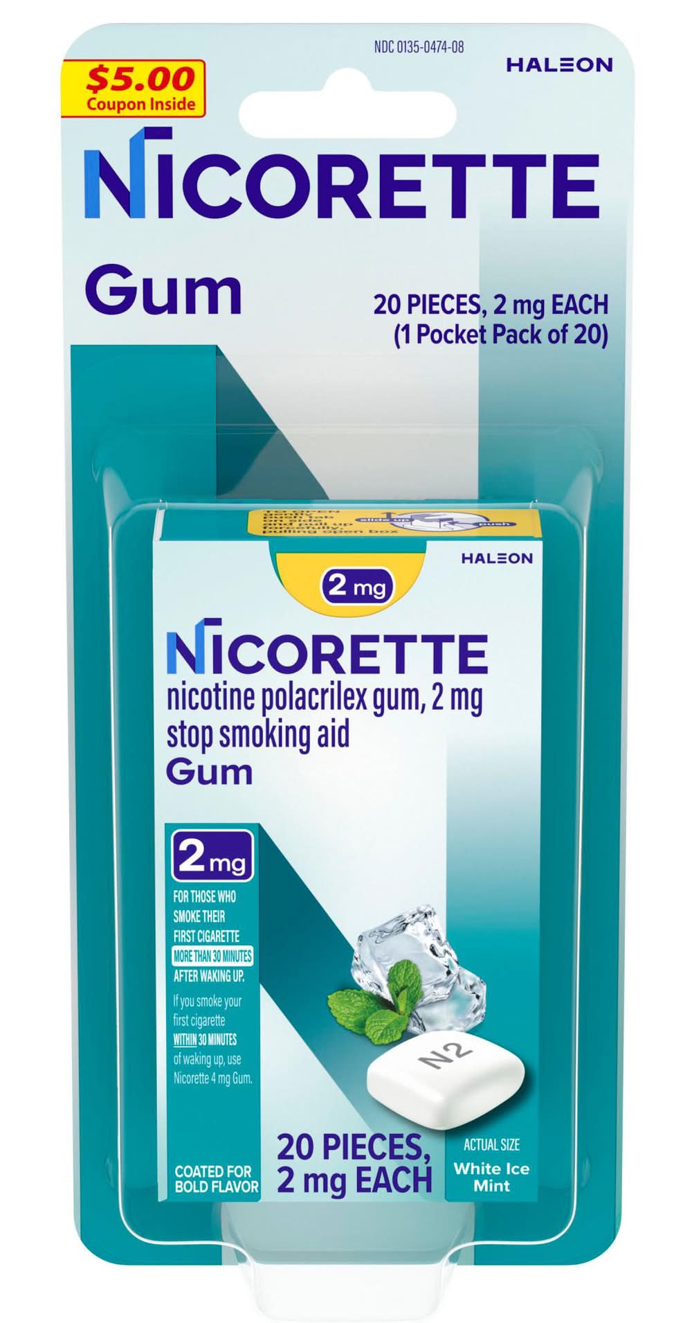 Nicorette Nicotine Gum 2 mg, White Ice Mint (20 ct)
