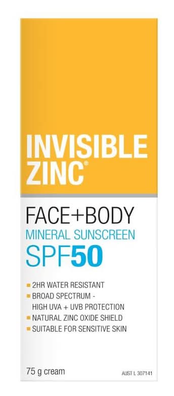 Invisible Zinc Face and Body 2hr Water Resistant SPF50 75g