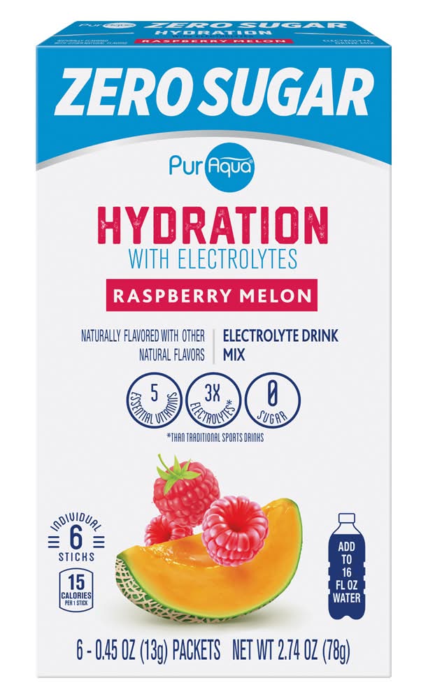 PurAqua Zero Sugar Hydration Powdered Electrolyte Drink Mix Sticks, Raspberry-Melon (6 x 0.45 oz)