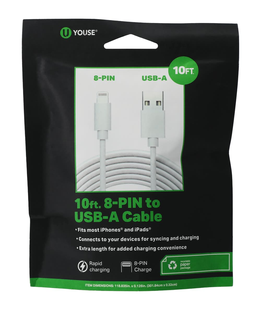 10ft 8-Pin To USB-A Charging Cable White