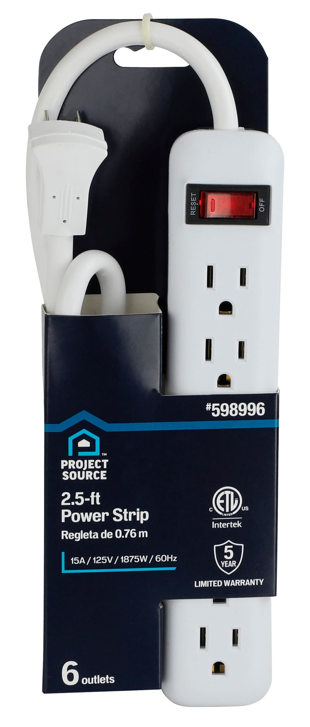 Project Source 2-1/2-ft 6 -Outlet Indoor White Power Strip
