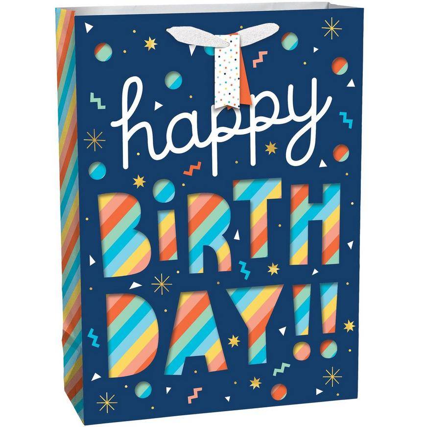 Extra Large Happy Birthday Rainbow Stripe Cutout Paper Gift Bag, 12.5in x 17inA