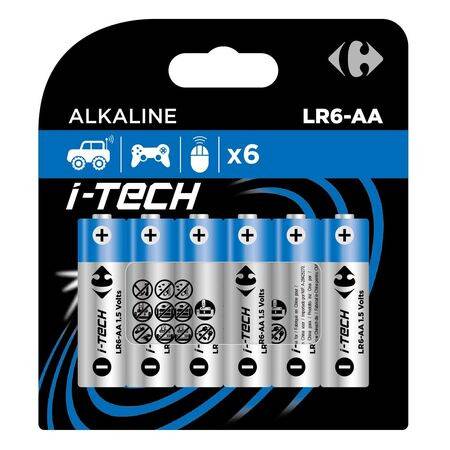 Pile Alcaline AA/LR6 I-Tech CARREFOUR - Le lot de 6 piles