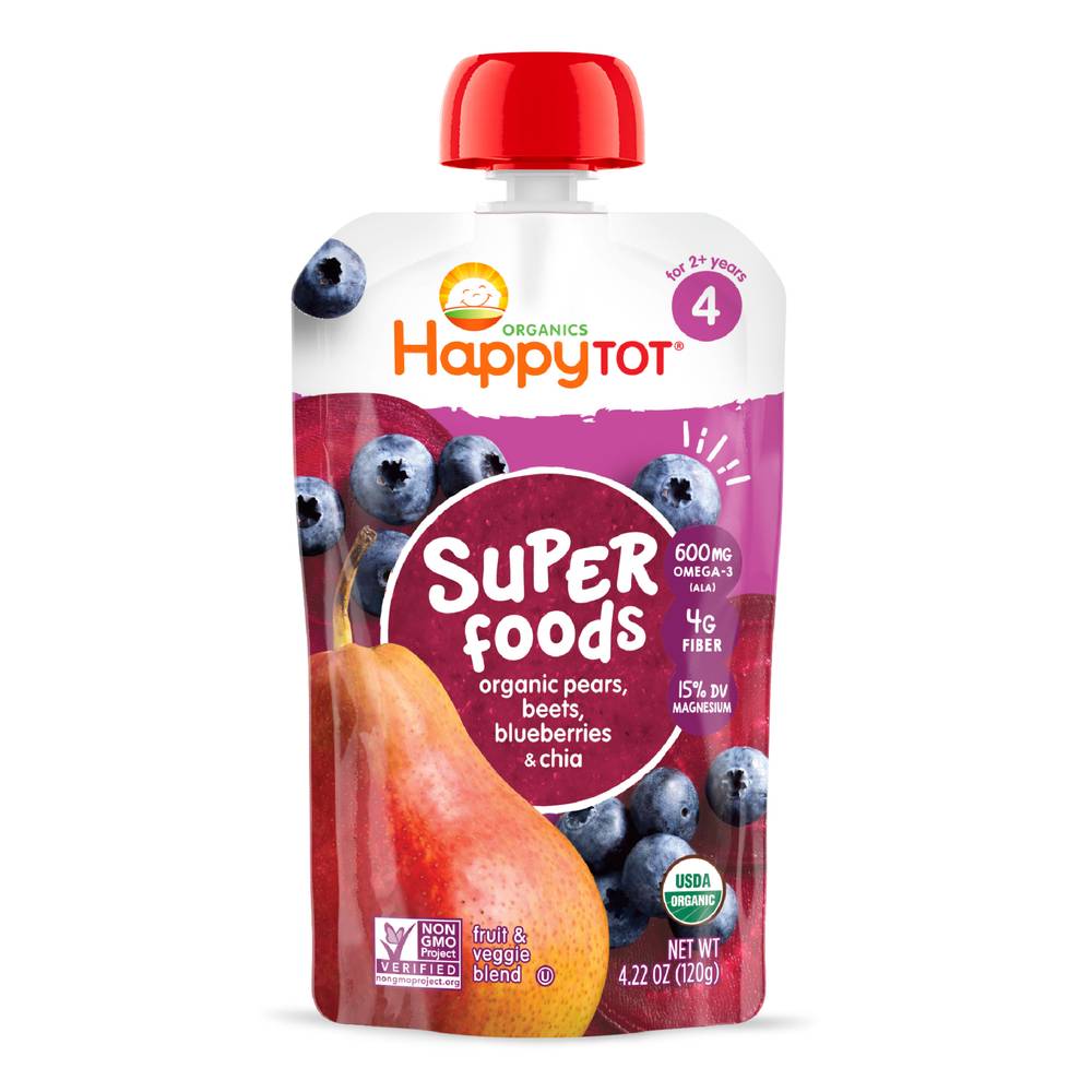 Happy Tot Organics Super Foods Pears Beets & Blueberries With Chia Fruit & Veggie Blend Toddler