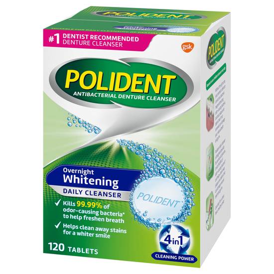 Polident Overnight Whitening Antibacterial Denture Cleaner Tablets (120 ct )