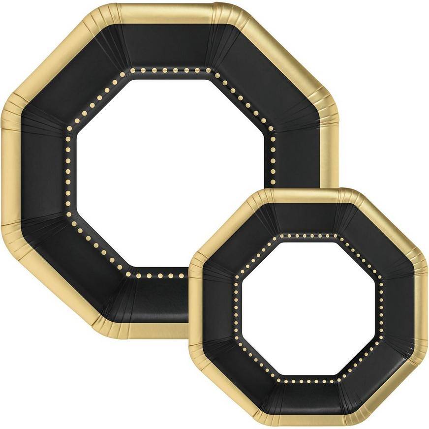 Octoganal Premium Paper Dinner (10.25in) Dessert (7.5in) Plates with Black Gold Border, 20ct